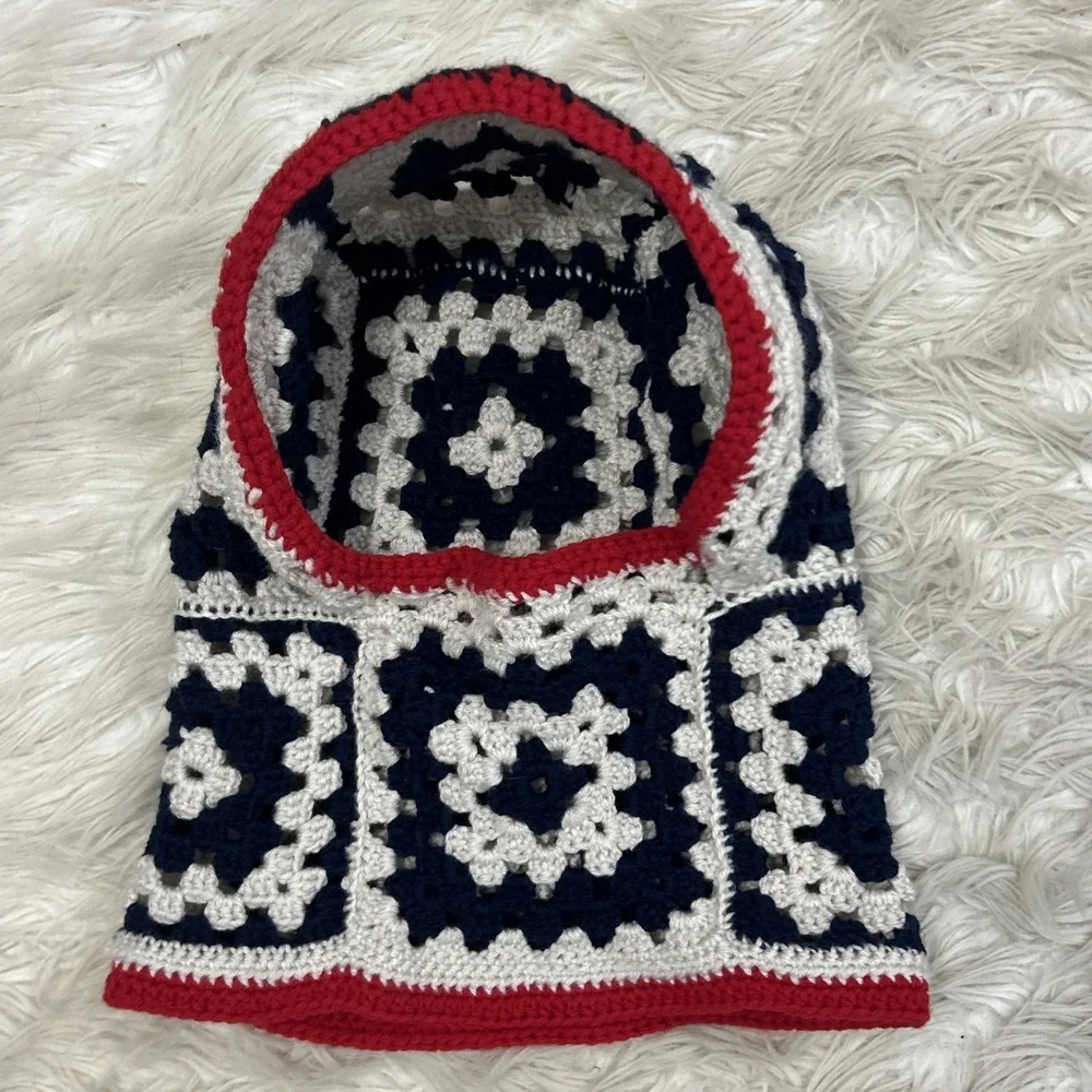 Crochet Balaclava Hood Handmade Granny Square Red White Blue USA Winter One Size